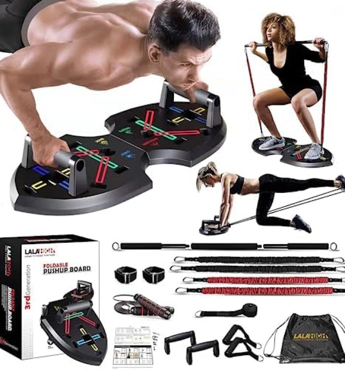 Ultimate Push Up board, Portable at Home Gym, Strength Training equipment for Men, Home Workout Equipment with 15 Gym Accessories, Foldable Pushup bar with Resistance band, Pilates Bar, Jump rope